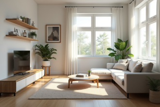 Salon moderne lumineux avec mobilier minimaliste et plantes
