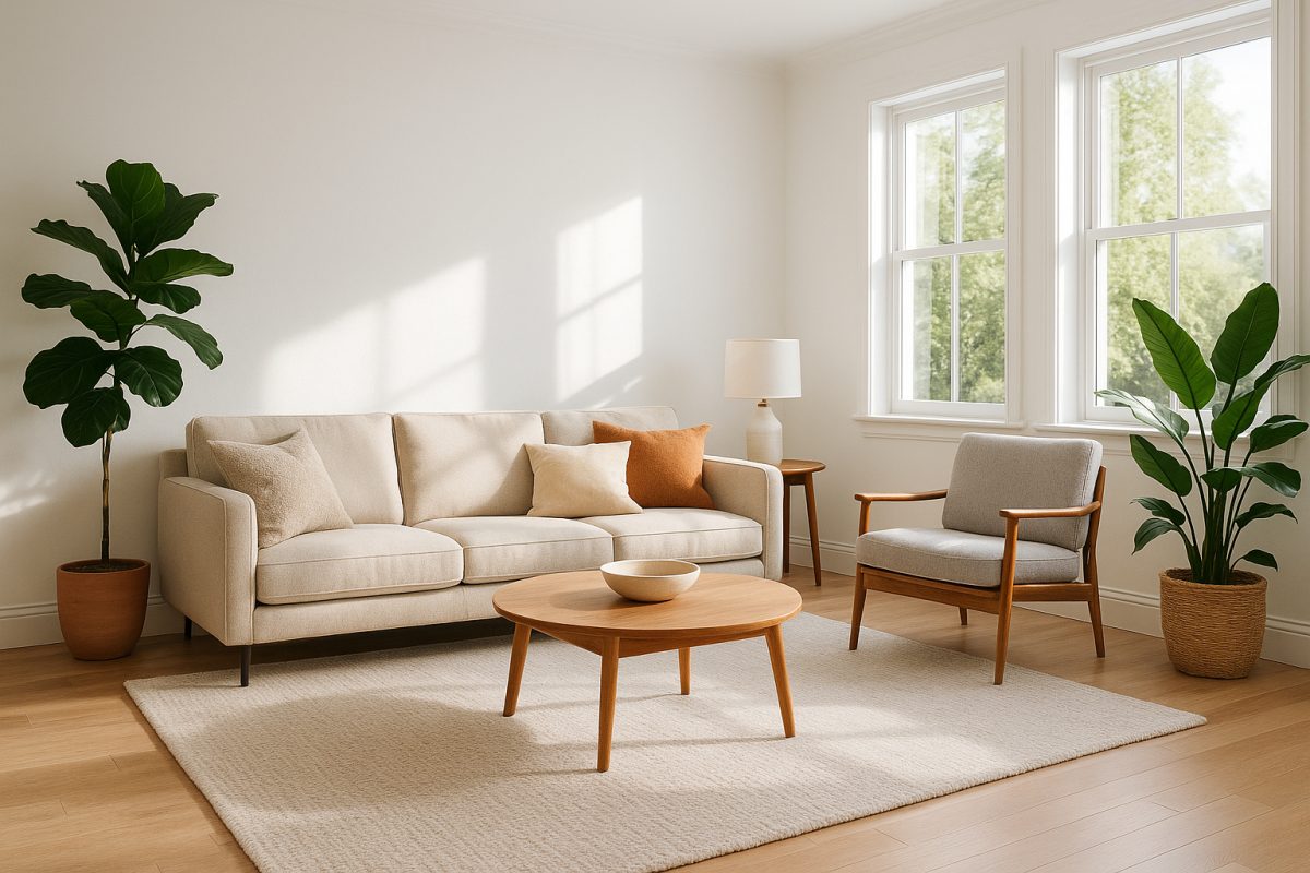 Salon moderne avec murs blancs et plantes vertes