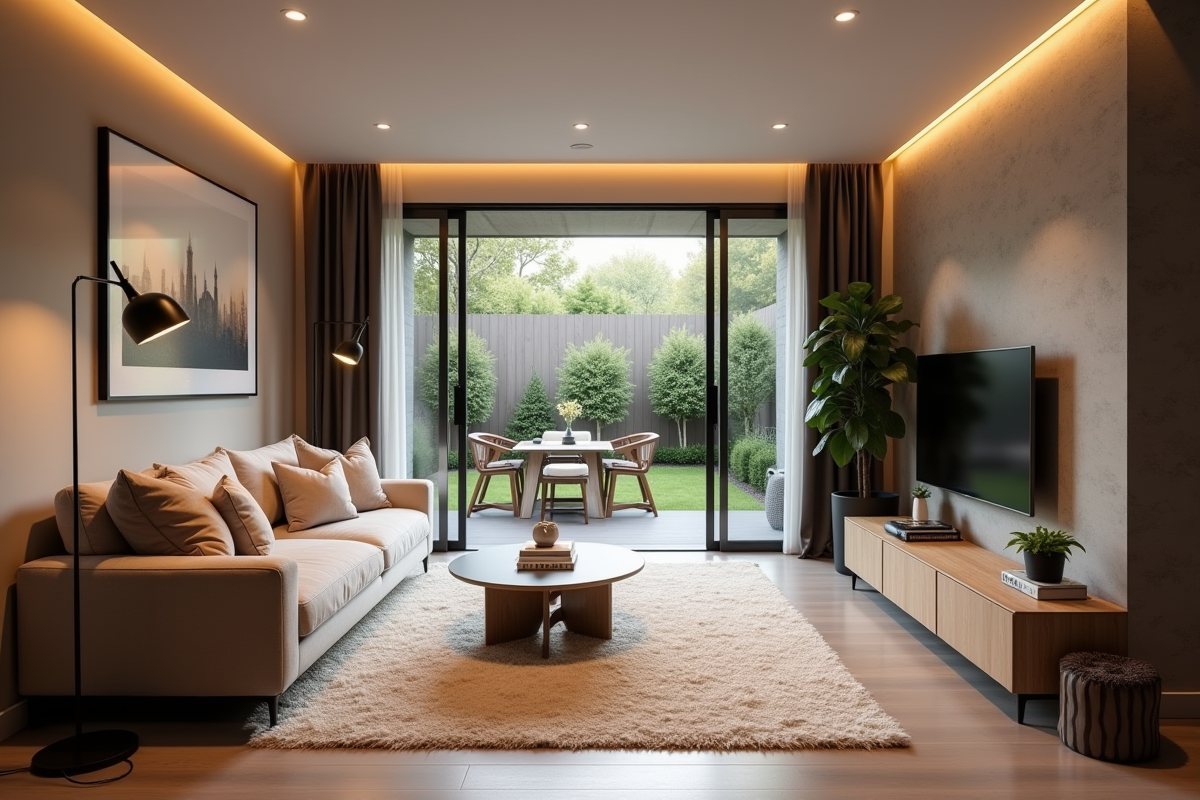 Salon familial chaleureux avec porte vers patio extérieur