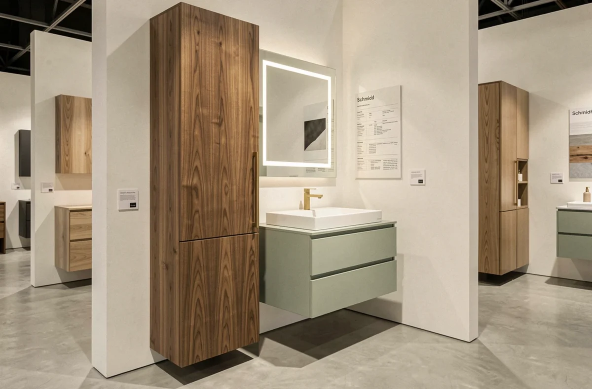 Vignette salle de bain Schmidt avec meuble vasque vert sauge mat, colonne de rangement en noyer et robinetterie dorée dans un showroom design