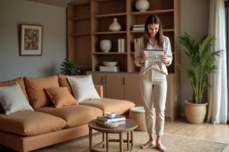 Femme utilisant un simulateur de décoration d'intérieur sur tablette dans un salon bien optimisé