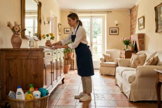 Femme de ménage professionnelle en tablier dans un salon provençal du Gard, illustrant les services de ménage à domicile