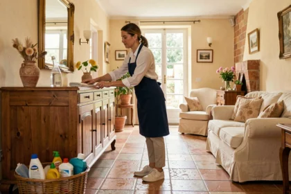 Femme de ménage professionnelle en tablier dans un salon provençal du Gard, illustrant les services de ménage à domicile