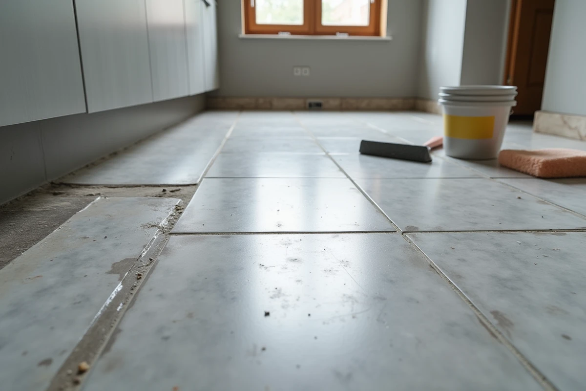 Sol en carrelage de grès cérame avec joints époxy fraîchement posés et outils de jointoyage dans une cuisine rénovée