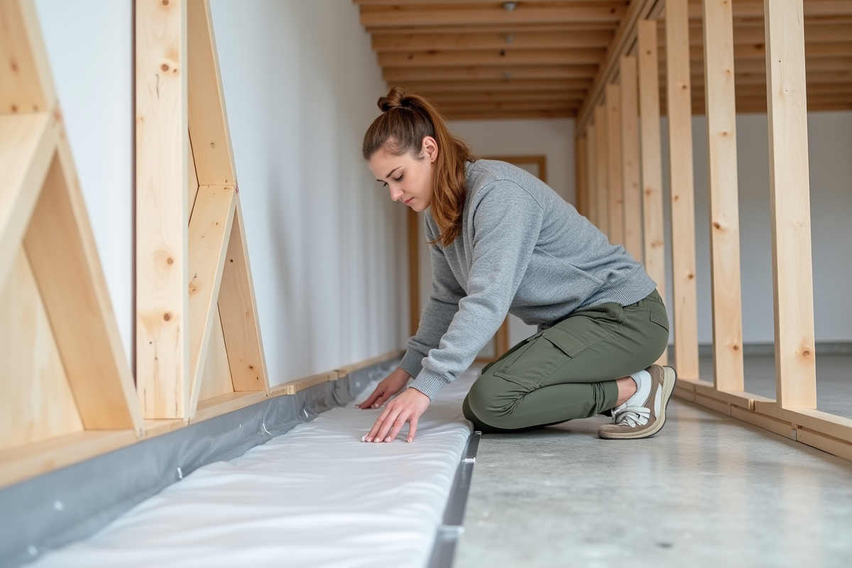 Jeune spécialiste en isolation posant une barrière vapeur au sol