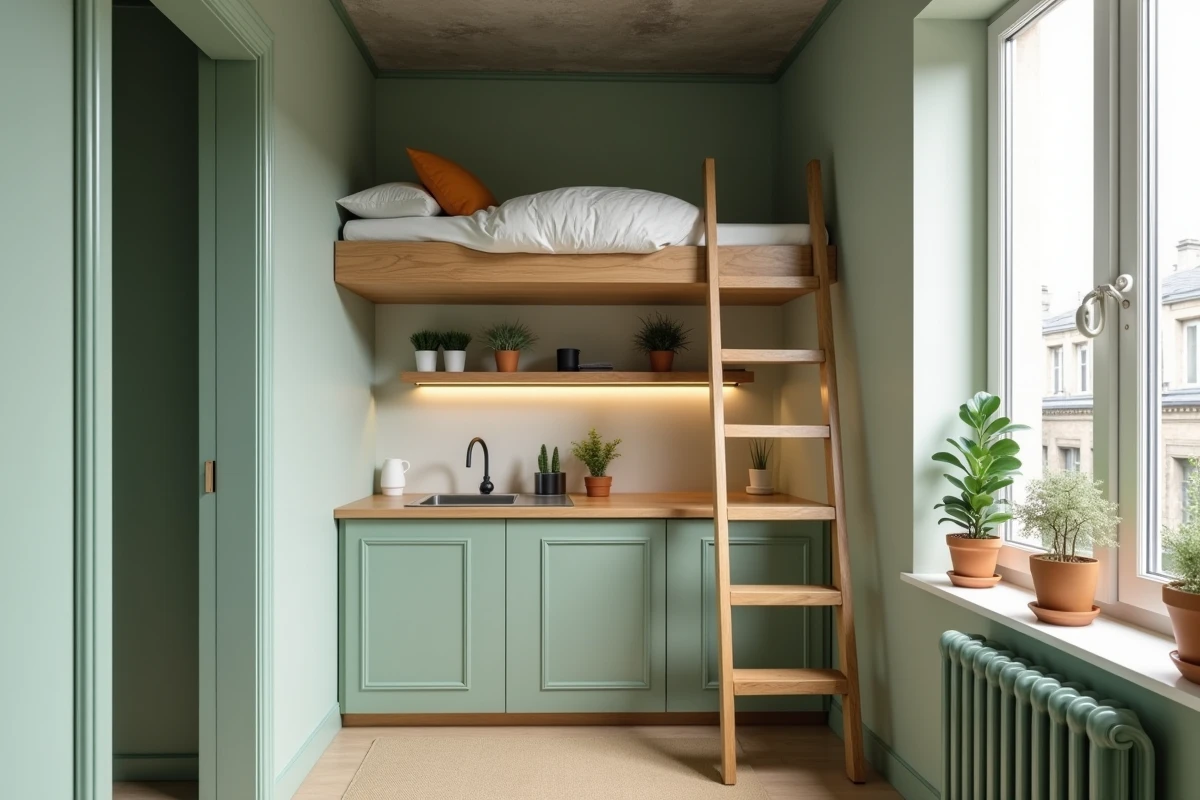 Studio parisien optimisé avec meubles gain de place et décoration scandinave minimaliste