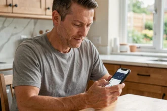 Homme consultant une application de suivi de production solaire sur smartphone dans une cuisine moderne