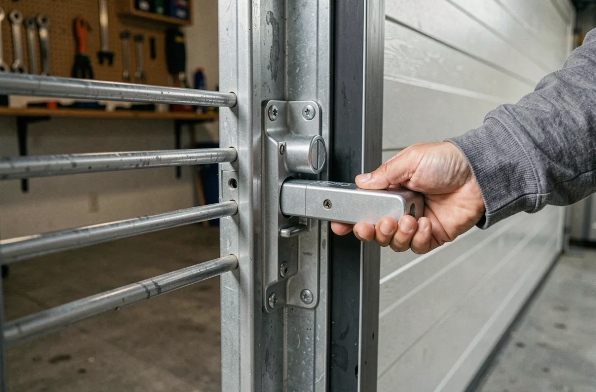 Gros plan sur le système de verrouillage et les barres anti-intrusion d'une porte de garage Delpherm