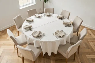 Table ronde de 160 cm de diamètre dressée pour 10 personnes dans une salle à manger contemporaine avec chaises en lin