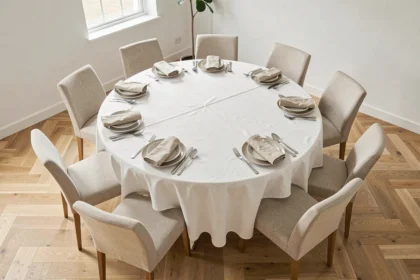 Table ronde de 160 cm de diamètre dressée pour 10 personnes dans une salle à manger contemporaine avec chaises en lin