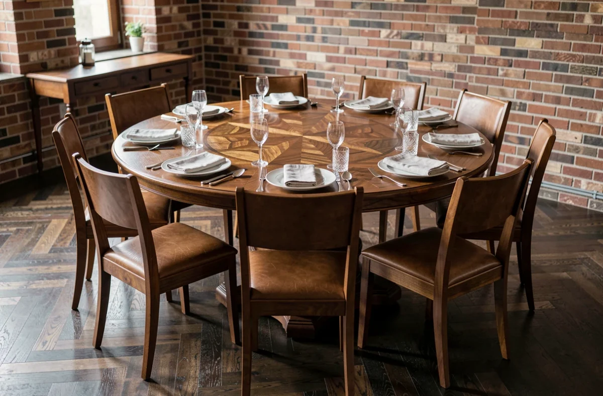 Table ronde de 180 cm dressée pour 10 couverts dans une salle à manger élégante avec briques apparentes et parquet en chevrons