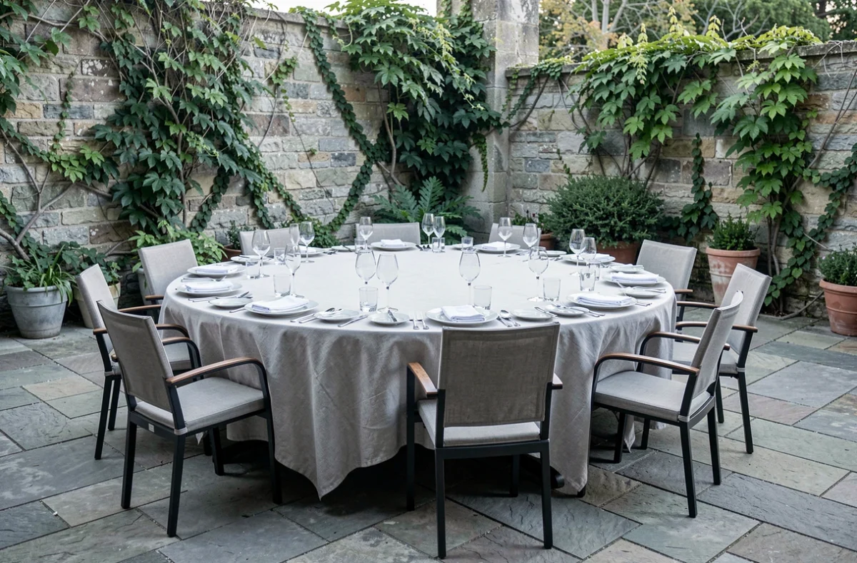Grande table ronde de 200 cm de diamètre pour 10 personnes sur une terrasse extérieure avec mur en pierre et lierre