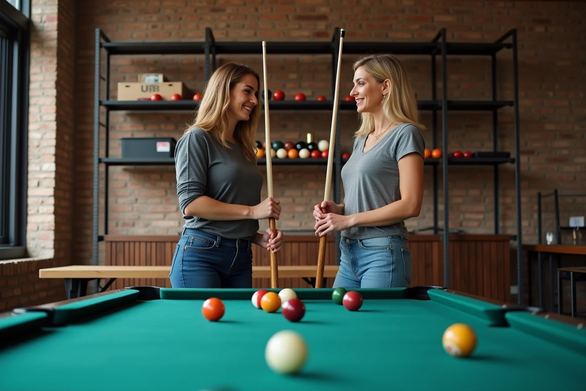 Deux femmes comparant la longueur d'une queue de billard américain avec les dimensions d'une table de billard 9 pieds dans une salle moderne
