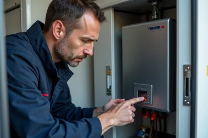 Technicien examinant le code erreur affiché sur un chauffage Truma Combi 4 dans un camping-car