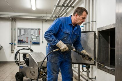 Technicien en overalls bleu utilisant une machine hydrojet dans une salle propre