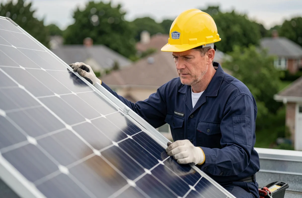 Technicien installant un panneau solaire de 600 watts sur un toit avec équipement de sécurité