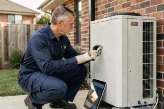 Technicien HVAC installant une pompe à chaleur thermodynamique sur la façade extérieure d'une maison contemporaine
