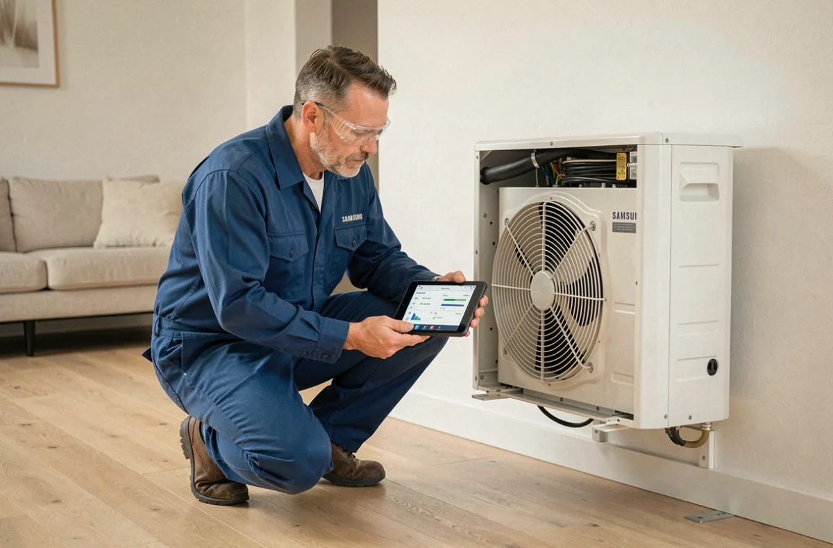 Technicien HVAC inspectant une pompe à chaleur Samsung murale intérieure avec tablette de diagnostic dans un salon moderne