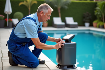 Technicien de piscine vérifiant le système de chlorinateur au sel