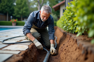 Technicien homme mesurant la profondeur d'un câble de piscine