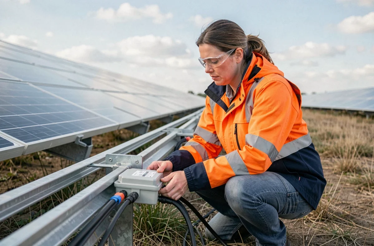 Technicienne solaire inspectant les connecteurs et câblage d'une ferme solaire au sol