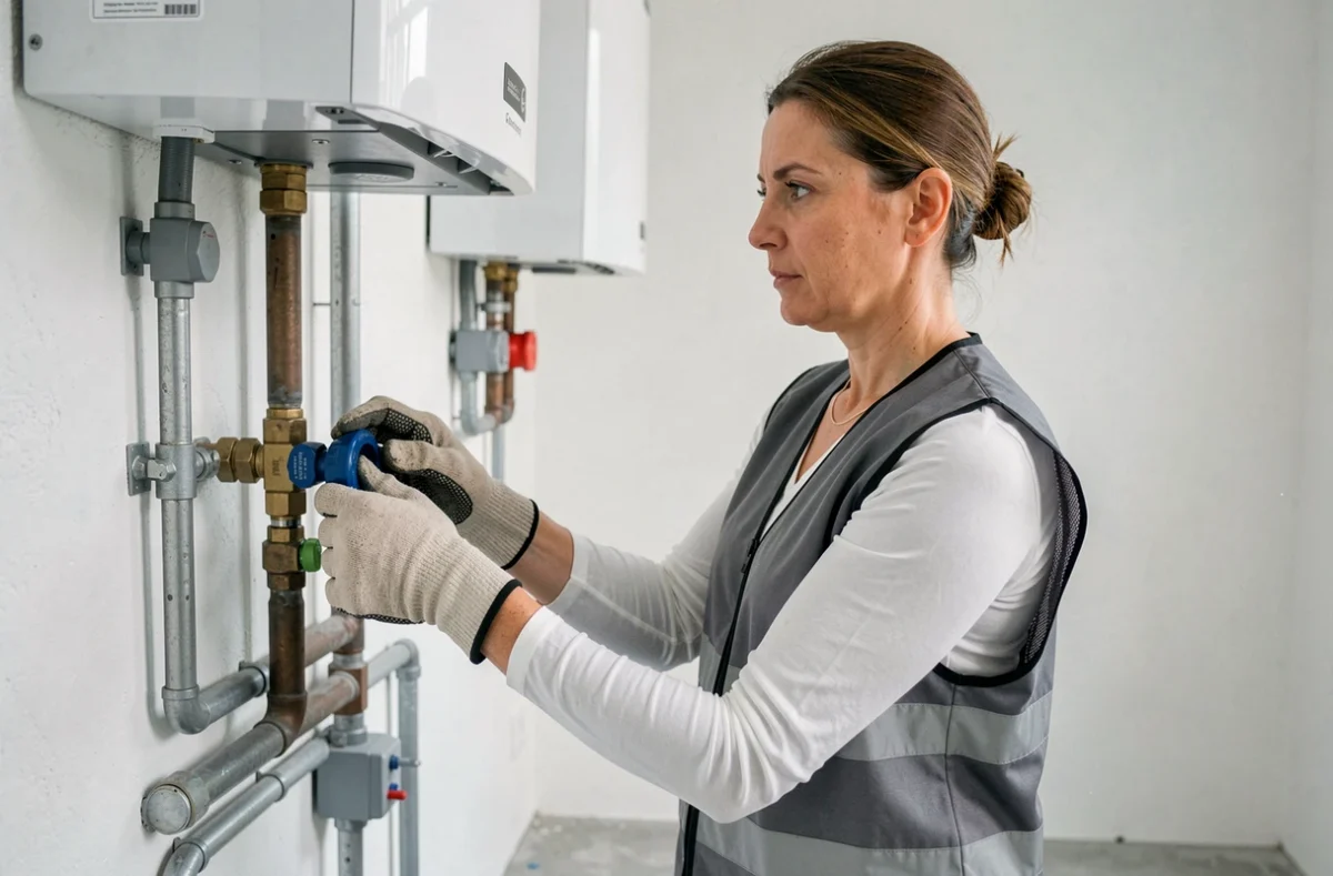 Technicienne en génie thermique raccordant les tuyaux d'une pompe à chaleur intérieure lors d'une installation à domicile