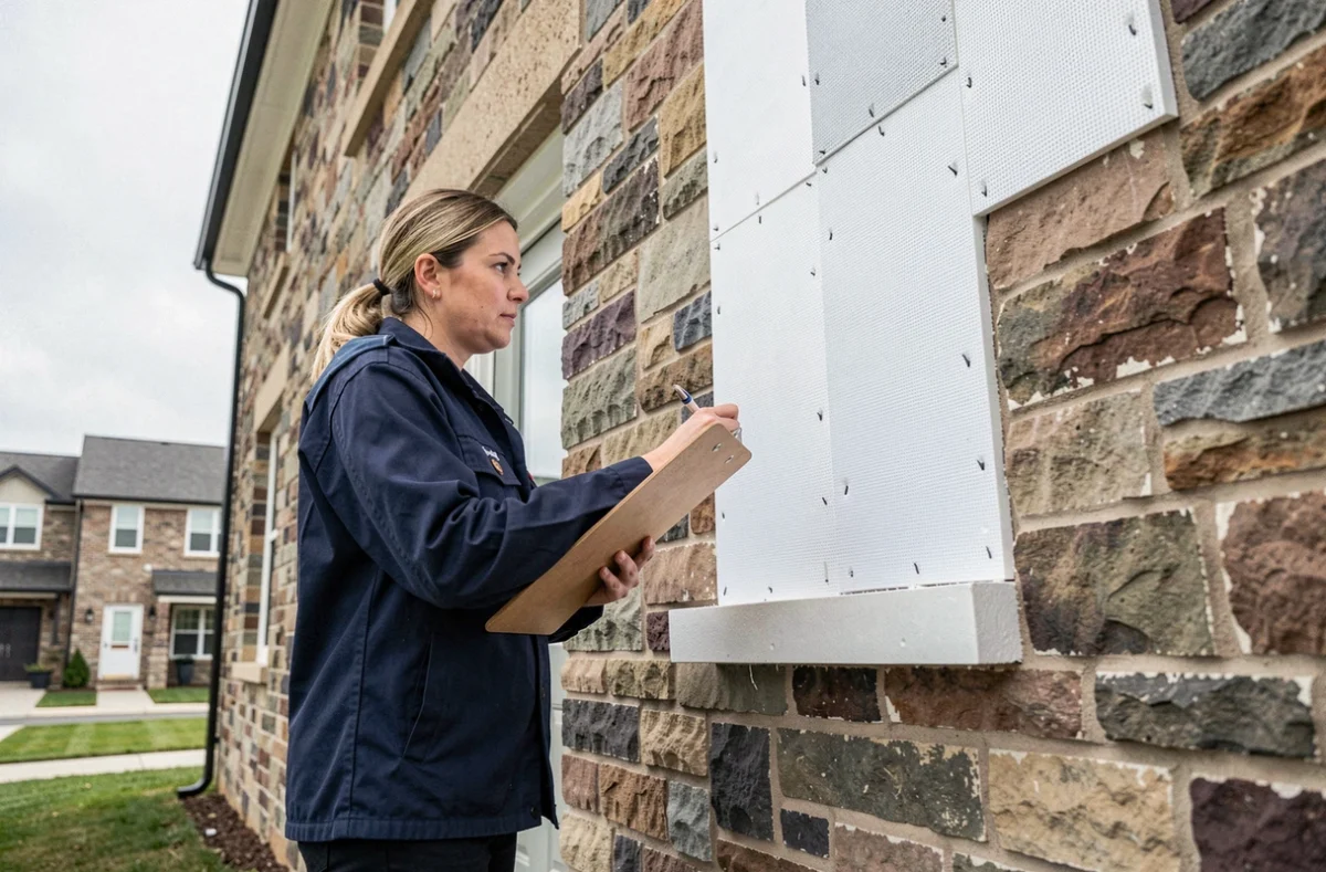 Technicienne inspectant l'isolation thermique extérieure d'une maison en cours de rénovation énergétique