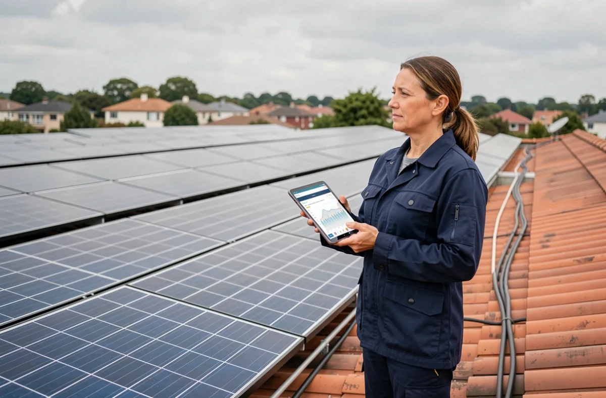 Technicienne sur un toit résidentiel avec panneaux solaires photovoltaïques et tableau de bord de gestion énergétique