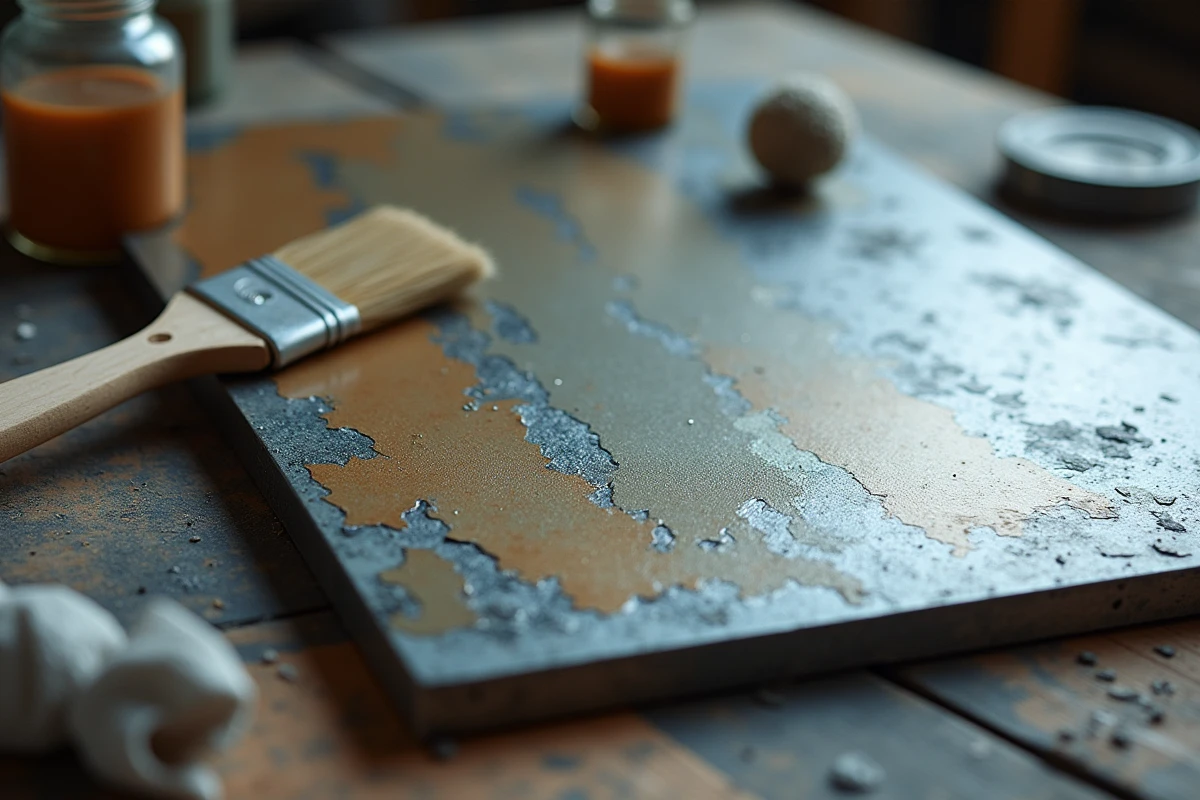 Gros plan sur la texture d'une feuille de zinc patinée avec des teintes ardoise et brun