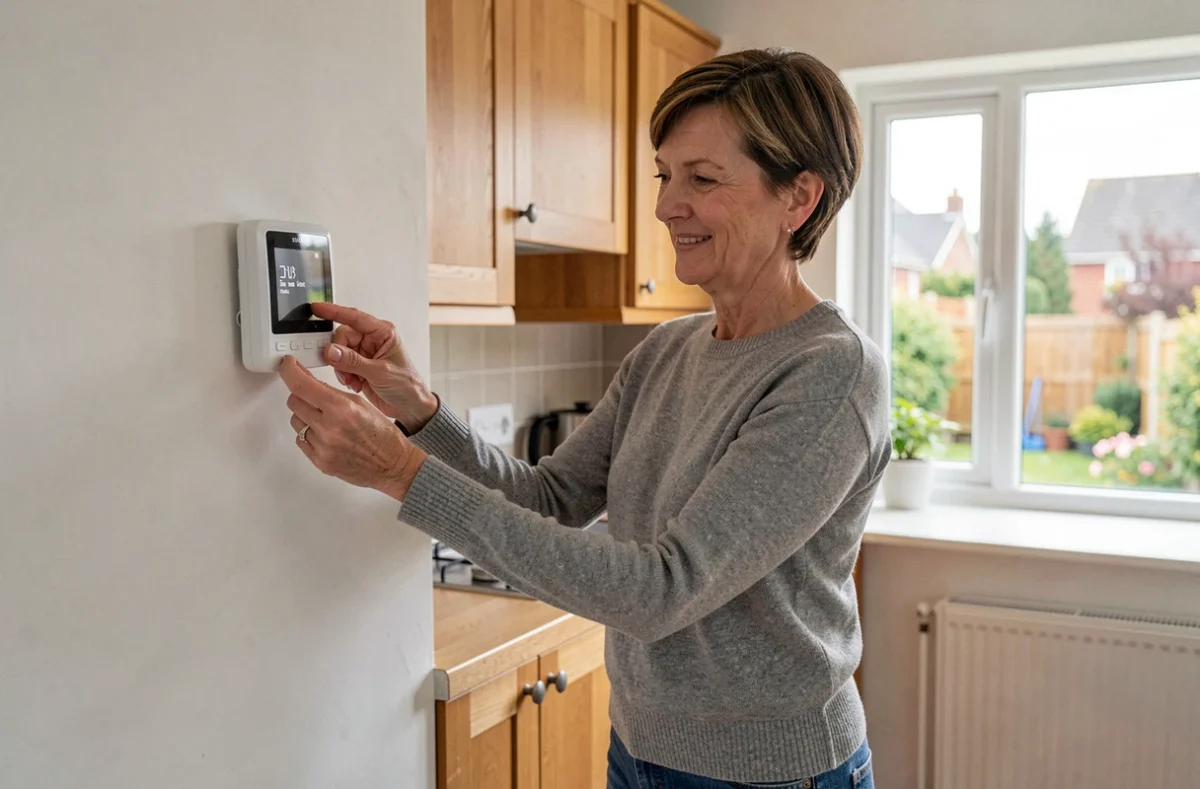Propriétaire réglant le thermostat connecté d'une pompe à chaleur hybride dans sa cuisine