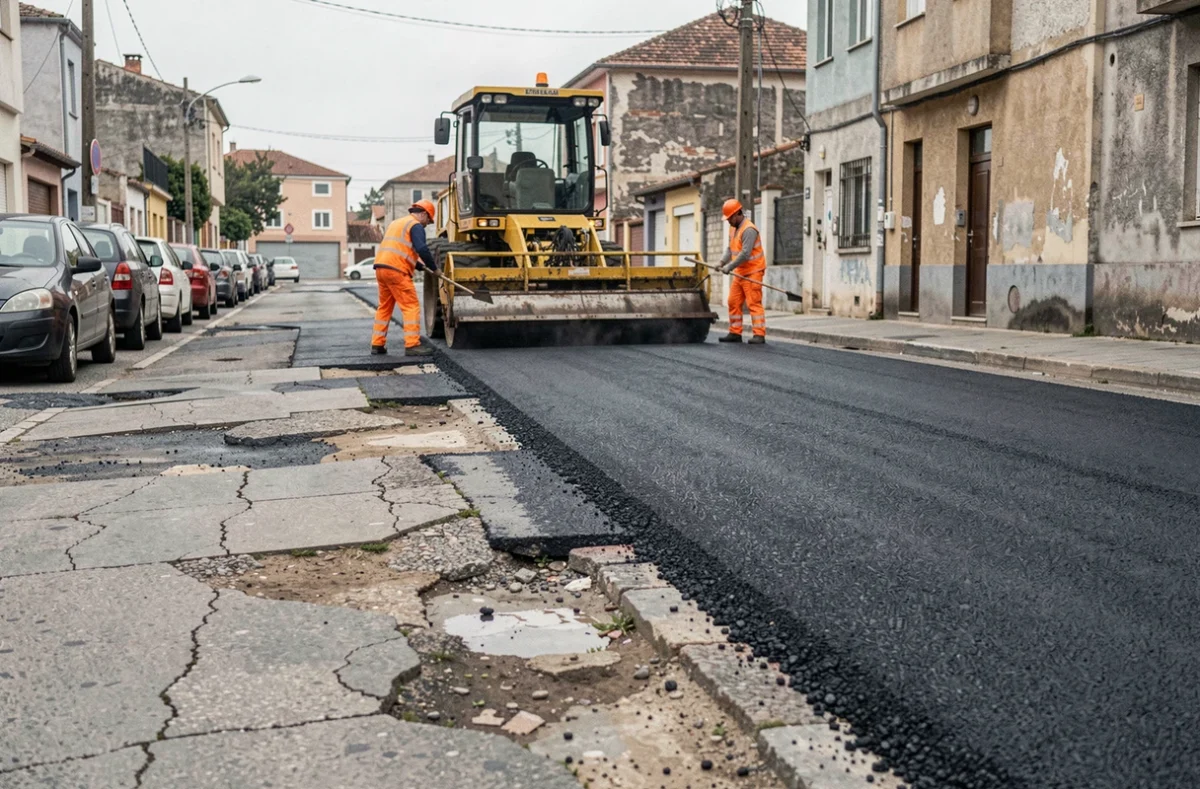 Machine à enrober en action sur une rue urbaine lors de travaux de réfection de chaussée au mètre carré
