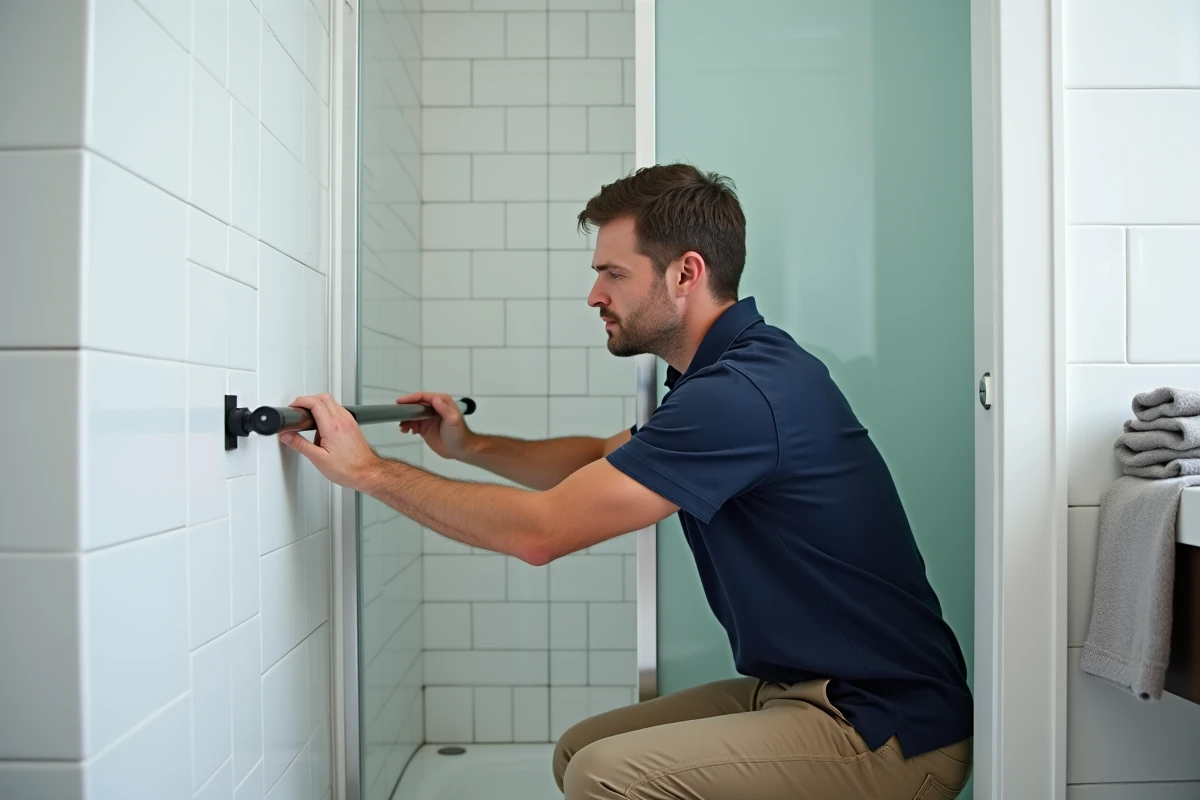 Homme installant une tringle à rideau à tension sans percer dans une salle de bain carrelée