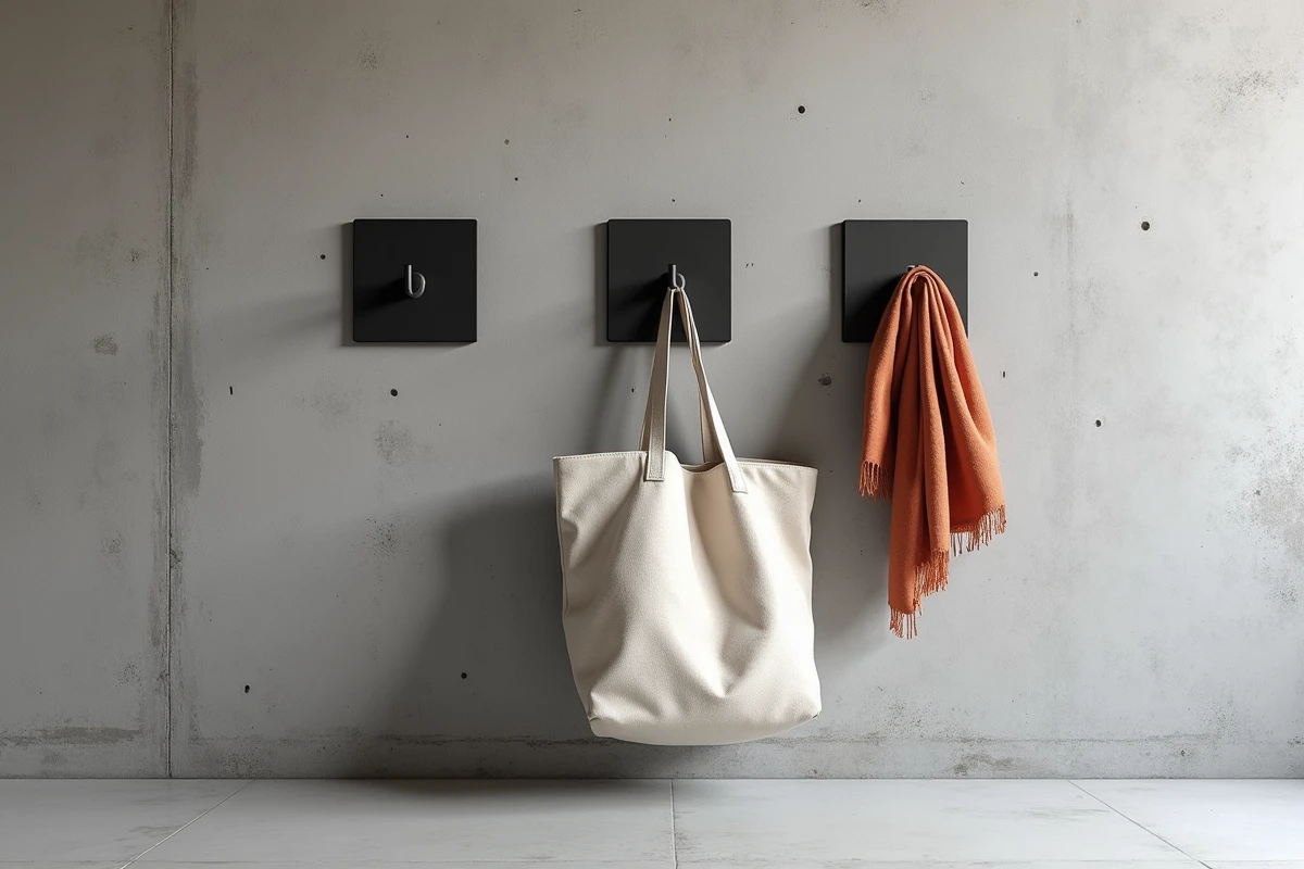 Trio de patères minimalistes noires sur mur en béton brut dans une chambre Airbnb contemporaine avec accessoires décoratifs