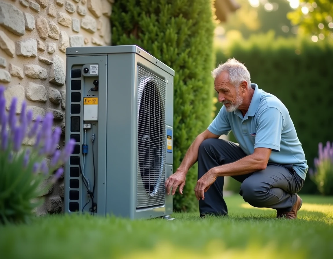 Unité extérieure de pompe à chaleur air-air installée dans un jardin de maison française en été
