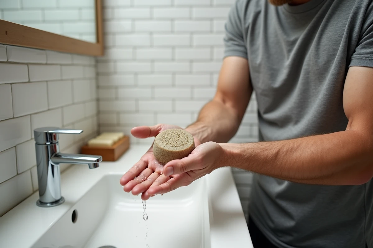 Homme utilisant un galet de savon exfoliant fait maison sous l'eau au lavabo de salle de bain