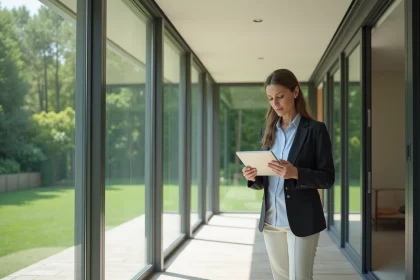 Femme d'âge moyen dans une veranda moderne avec tablette