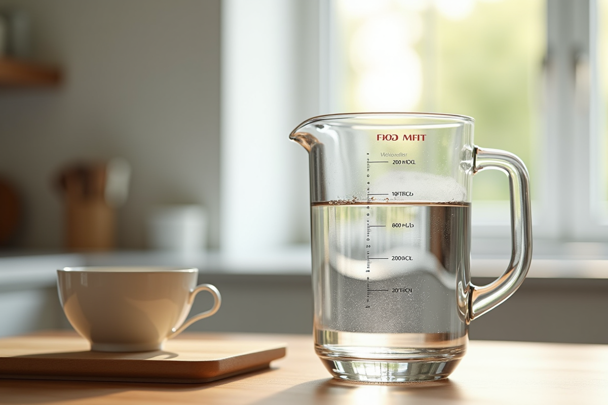 Verre mesureur d'eau de 200 cl sur plan de cuisine lumineux