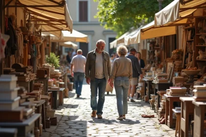 Couple de marcheurs dans un vide grenier en TarnetGaronne