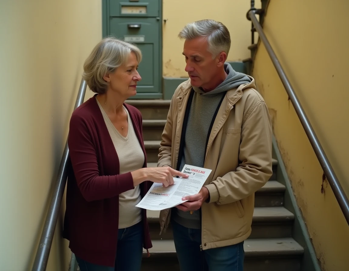 Deux voisins discutant des avis sur une assurance habitation dans un escalier d'immeuble