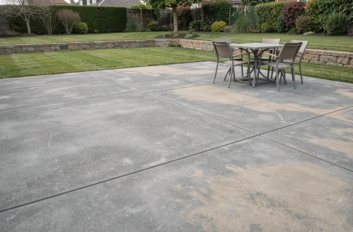 Vue d'ensemble d'une terrasse en béton résidentielle avec joints et texture réaliste pour estimer le prix au m²